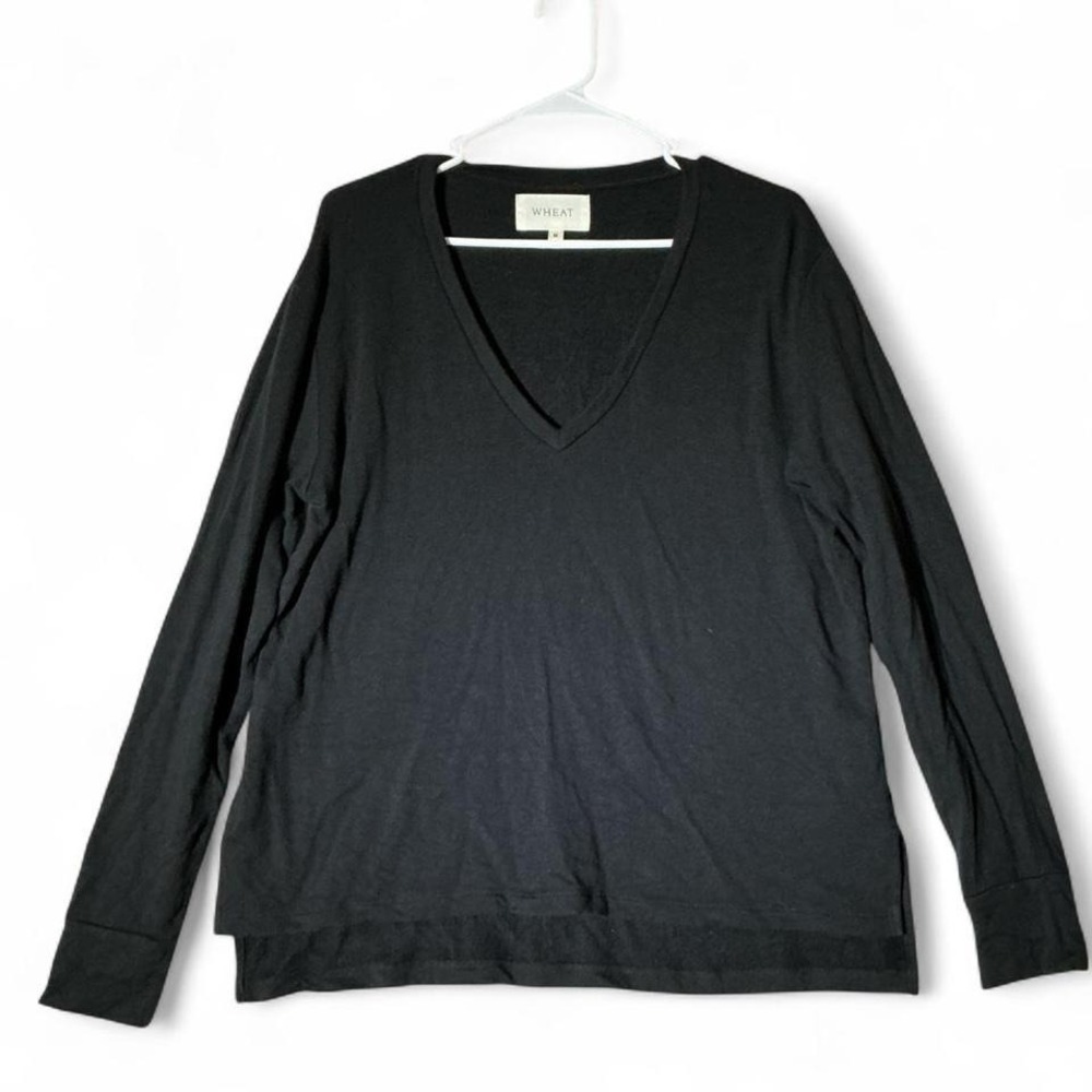 Wheat Women Black Modal Cotton‎ Soft Goth V-Neck Long Sleeve Top High Low Hem M